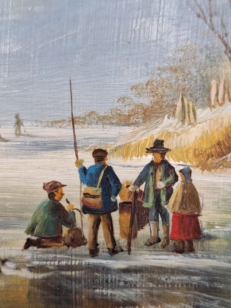 Romantisch Hollands winterlandschap met molen en ijsvissers - olieverf op paneel - foto 9
