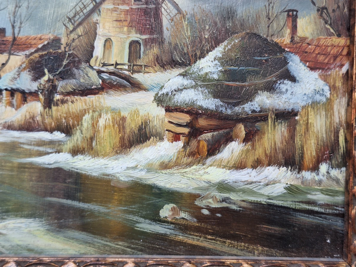 Romantisch Hollands winterlandschap met molen en ijsvissers - olieverf op paneel - foto 5