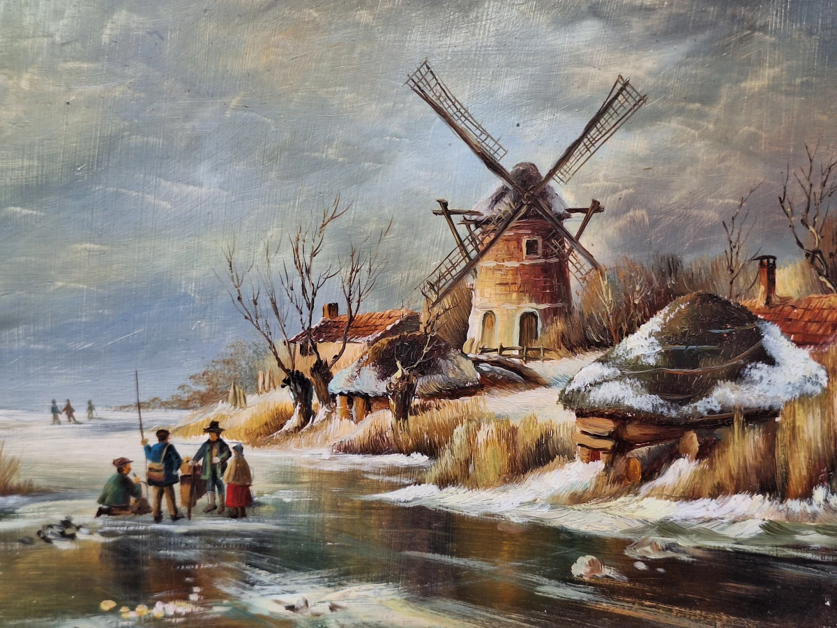 Romantisch Hollands winterlandschap met molen en ijsvissers - olieverf op paneel - foto 3