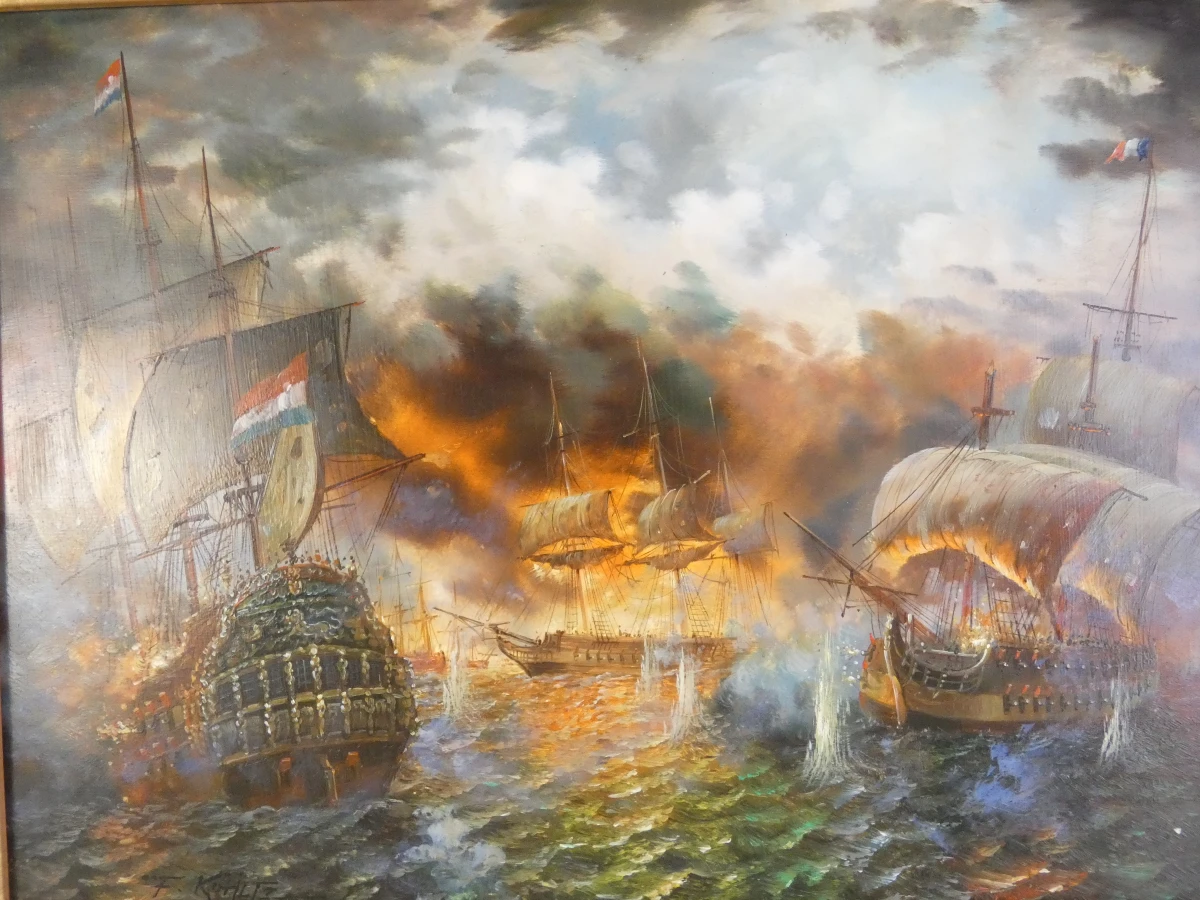 Schilderij zeeslag met houten lijst