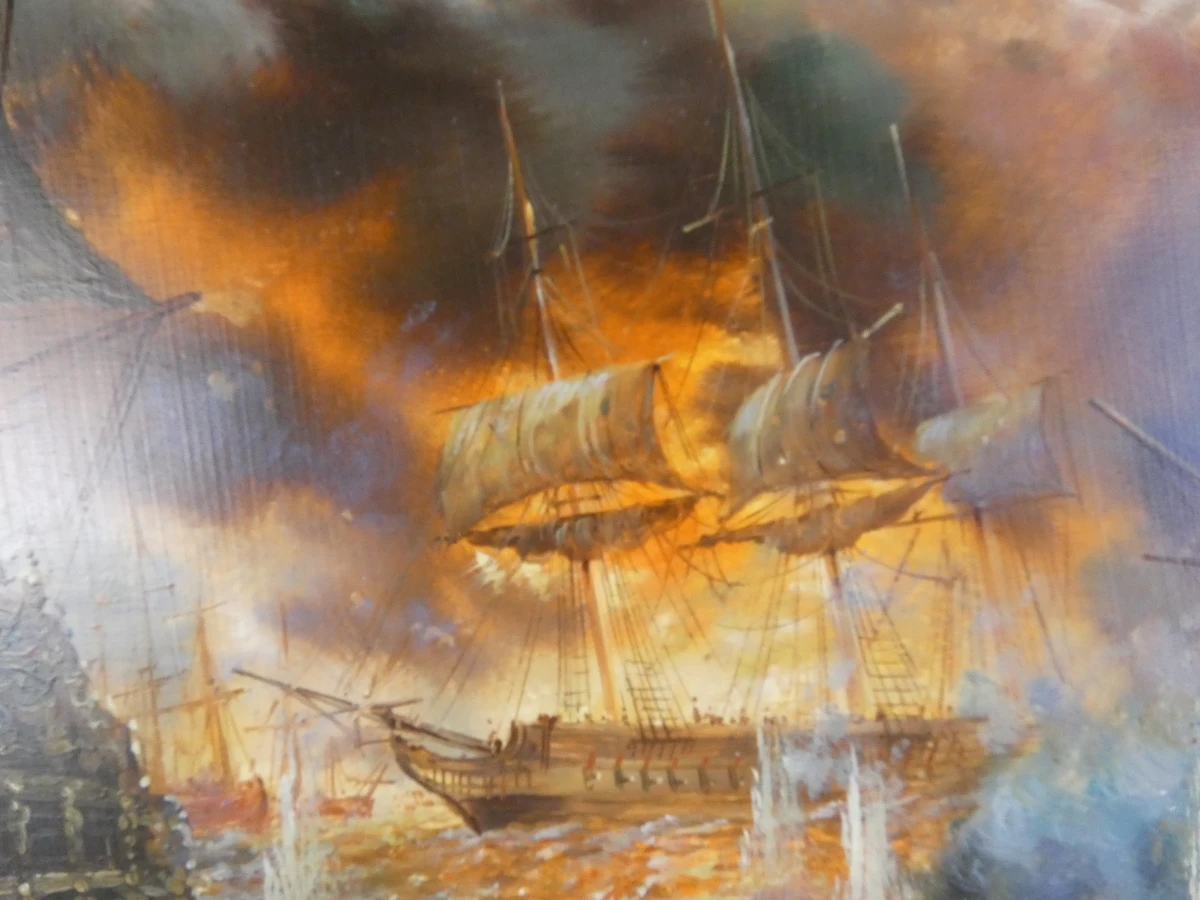 Schilderij zeeslag met houten lijst