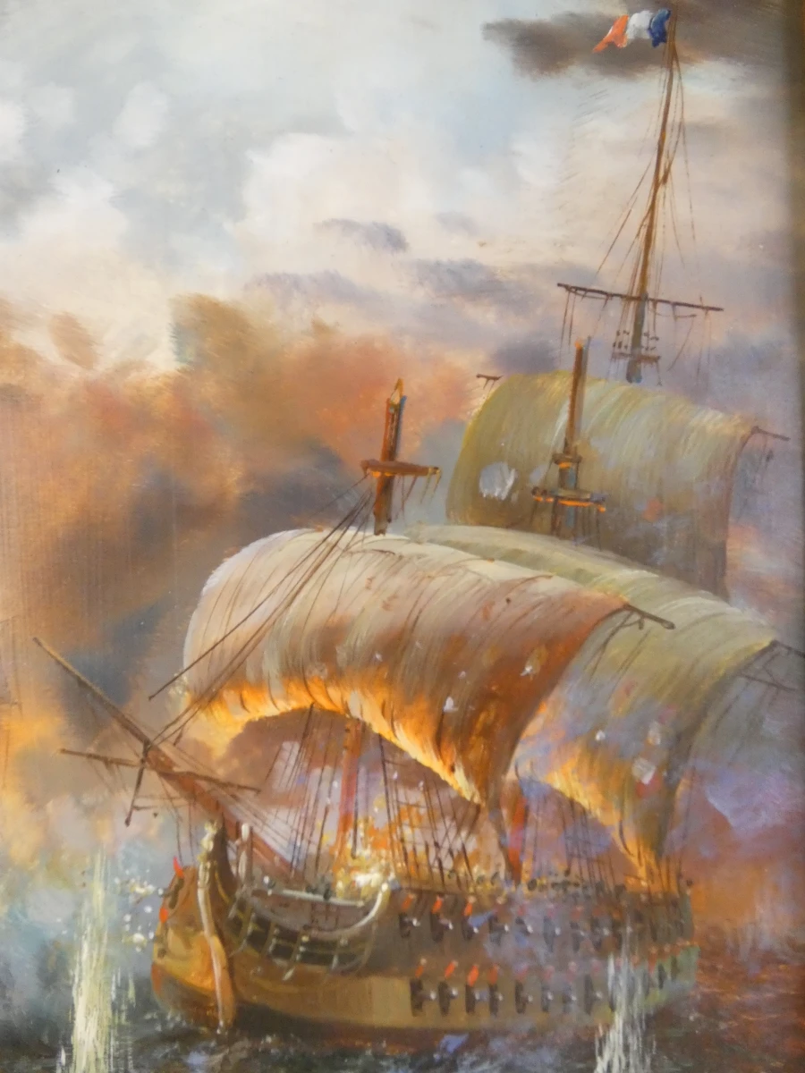 Schilderij zeeslag met houten lijst