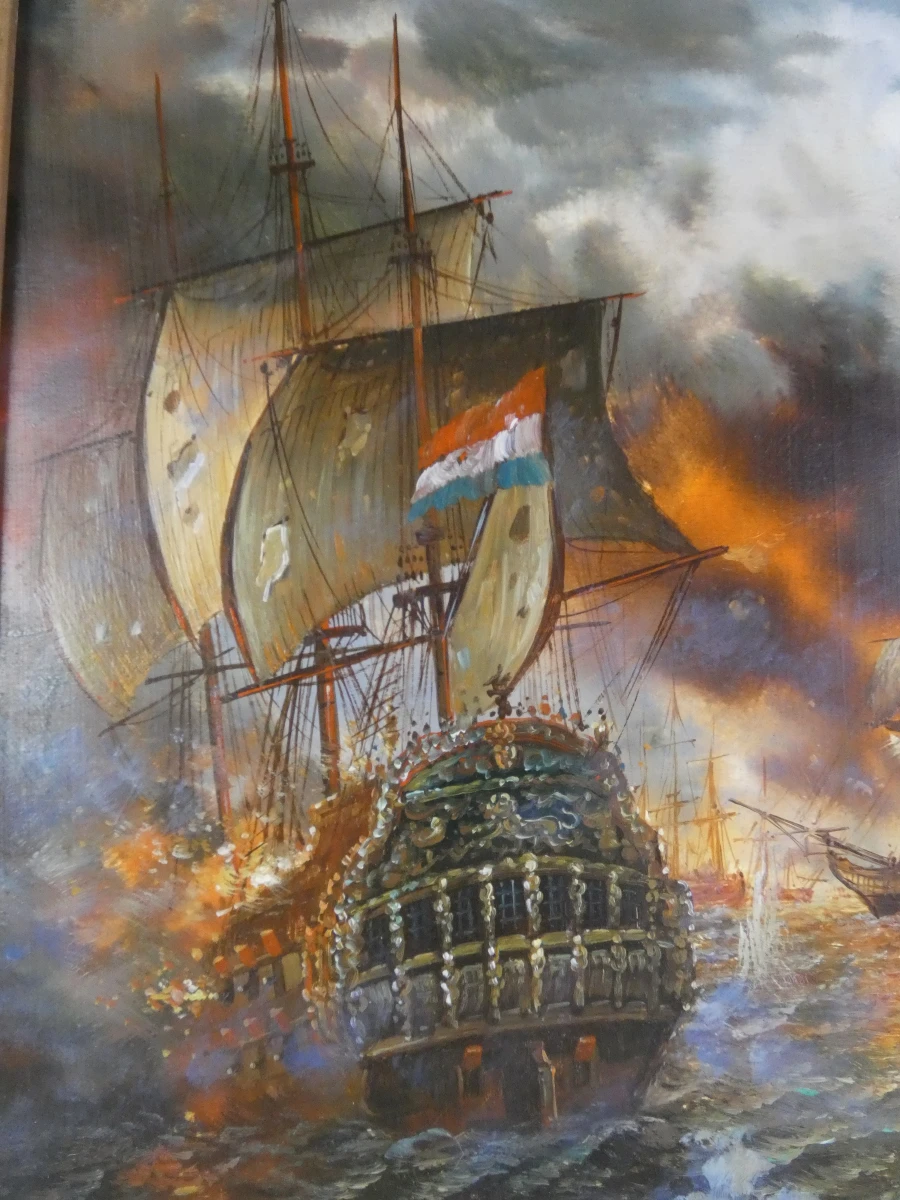 Schilderij zeeslag met houten lijst