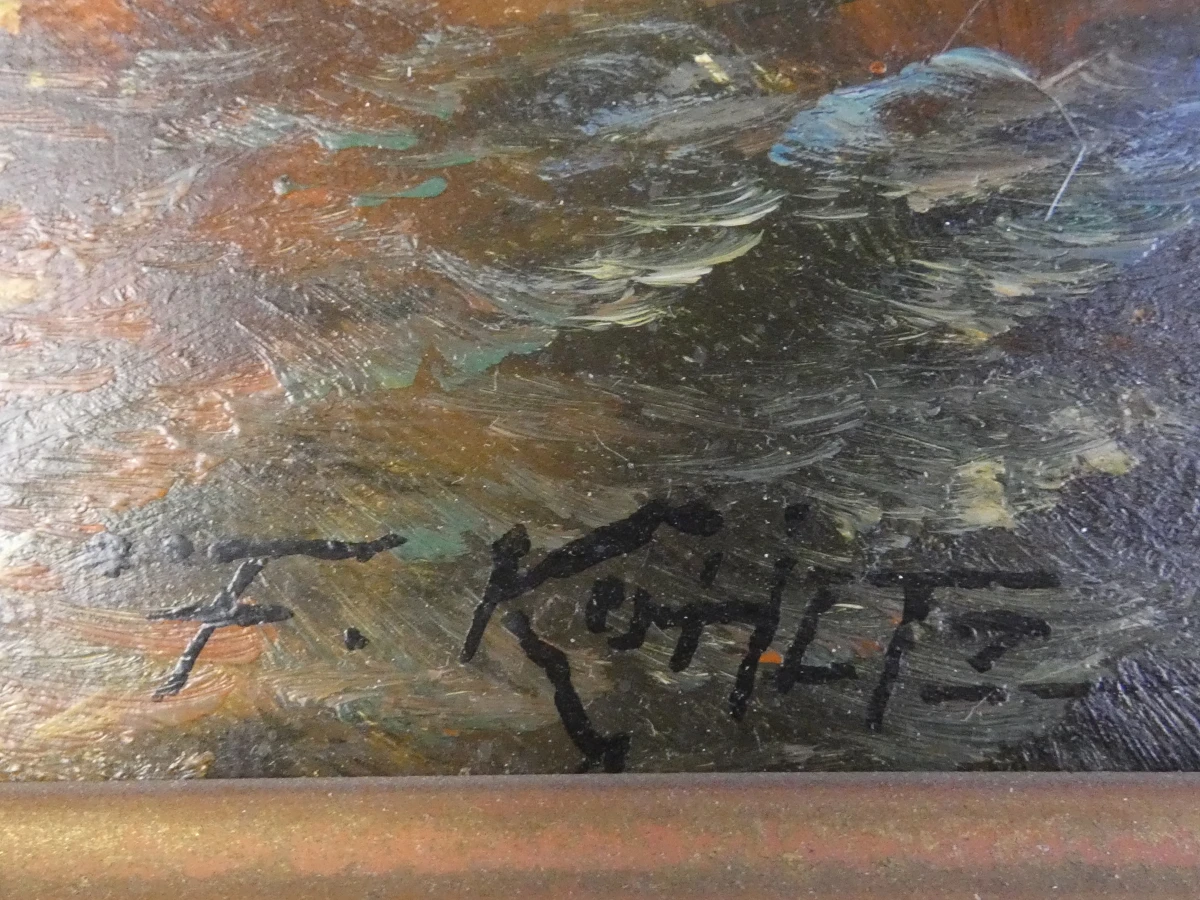 Schilderij zeeslag met houten lijst