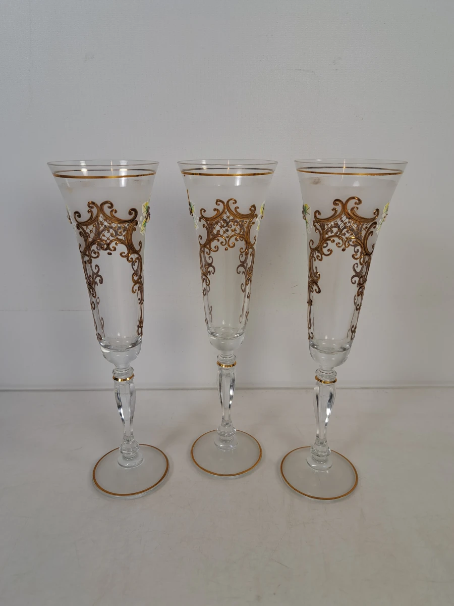 Set van 3 versierde champagneglazen met gouden rand - foto 2