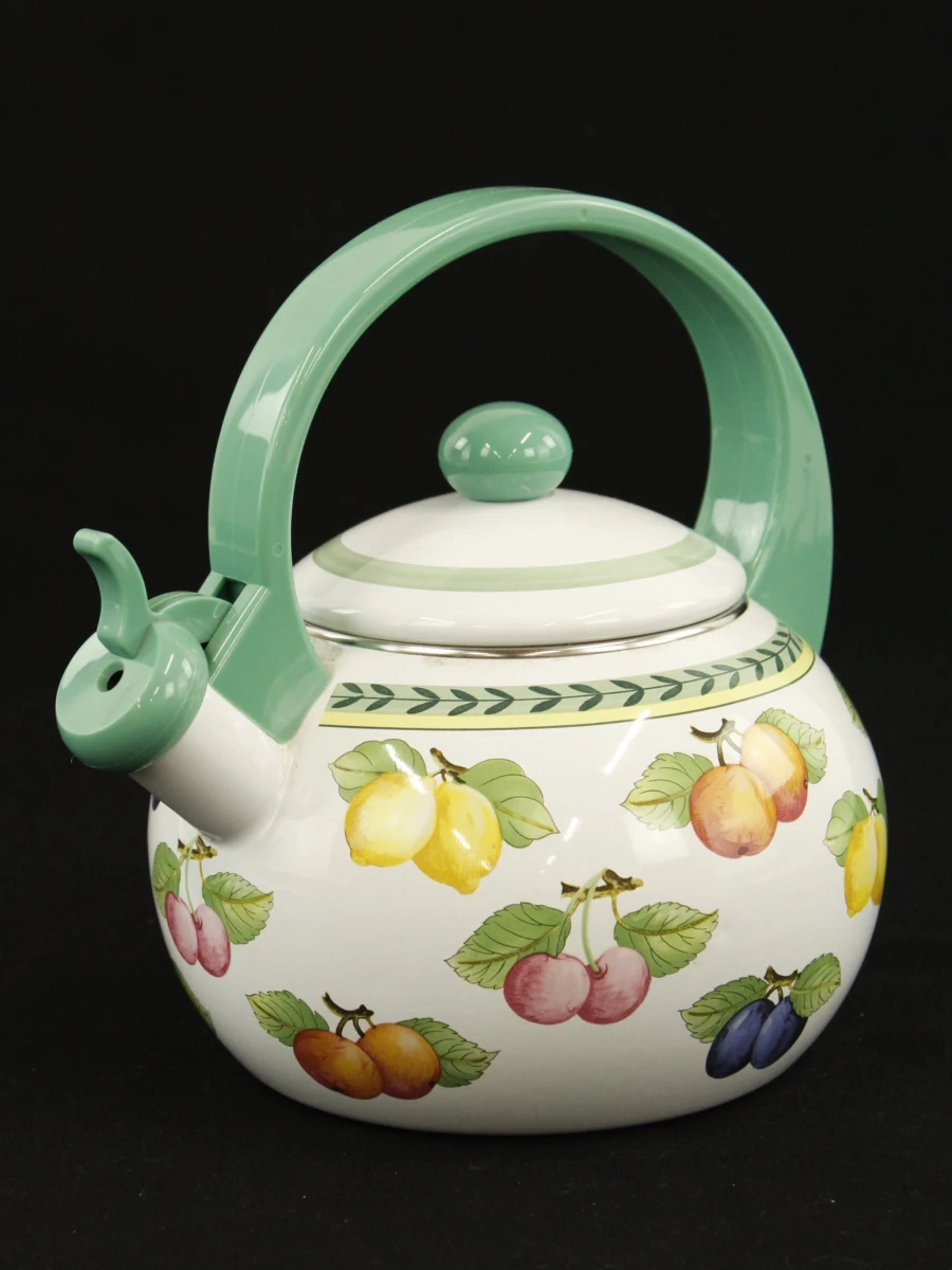 Villeroy&Boch vintage metalen fluitketel met emaille afwerking in French Garden motief