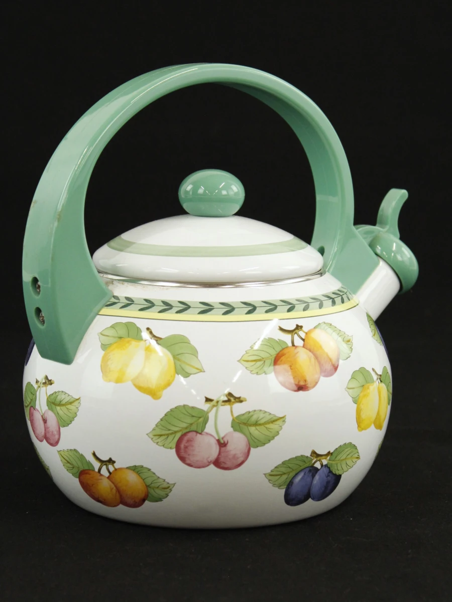Villeroy&Boch vintage metalen fluitketel met emaille afwerking in French Garden motief