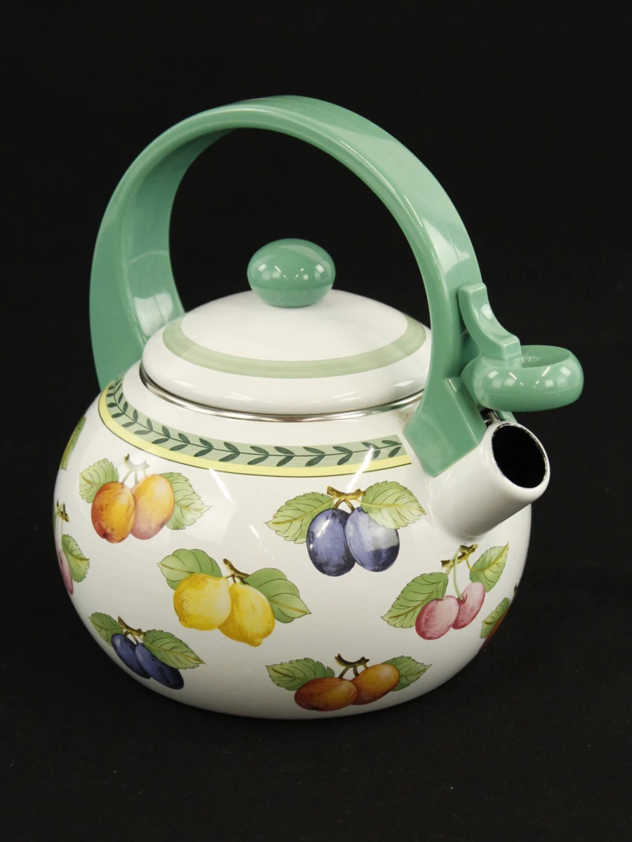 Villeroy&Boch vintage metalen fluitketel met emaille afwerking in French Garden motief