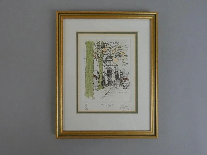 Handgekleurde Ets André Colpin "Turnhout Begijnhof" - Gesigneerd & Genummerd 39/150