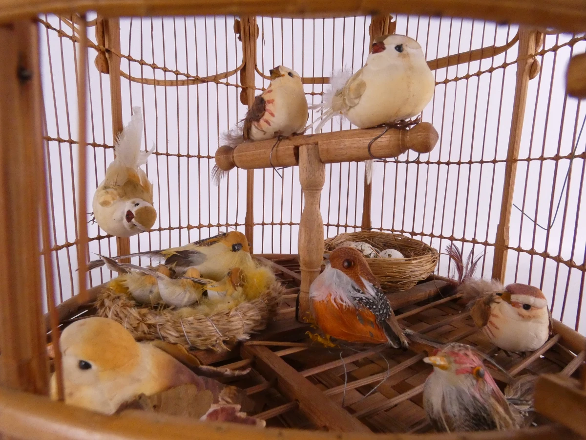 Decoratieve bamboe vogelkooi met kunstvogels en kikkerfiguur
