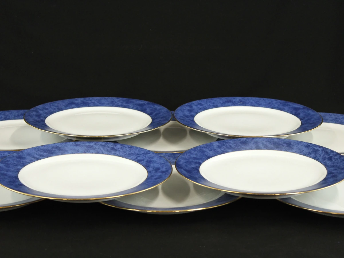 Set van 9 Limoges porseleinen borden met blauwe rand en goudkleurige afwerking