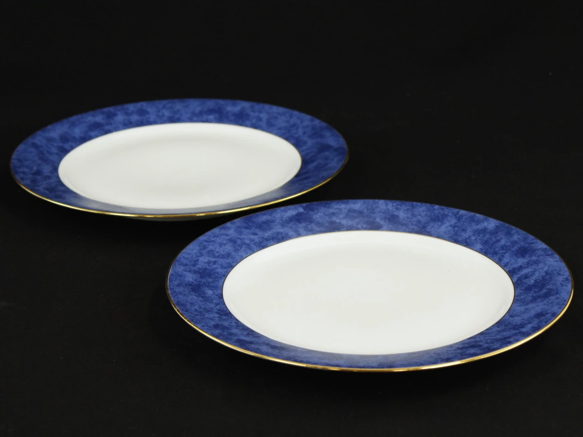 Set van 9 Limoges porseleinen borden met blauwe rand en goudkleurige afwerking