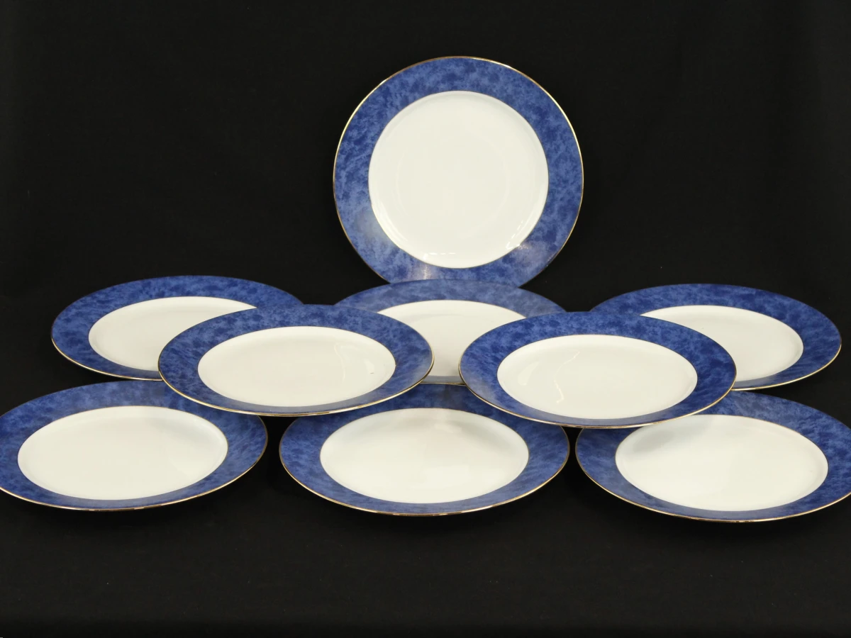 Set van 9 Limoges porseleinen borden met blauwe rand en goudkleurige afwerking