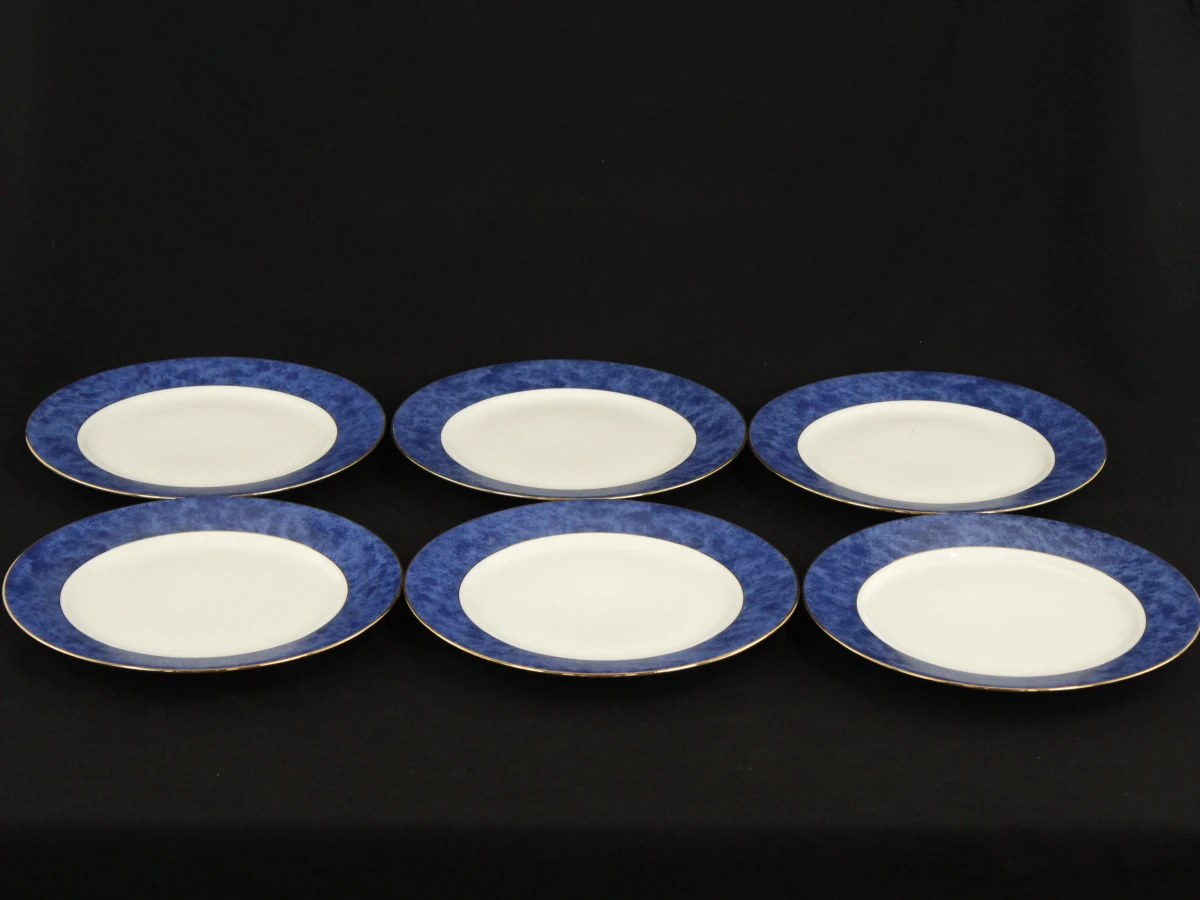 Set van 9 Limoges porseleinen borden met blauwe rand en goudkleurige afwerking