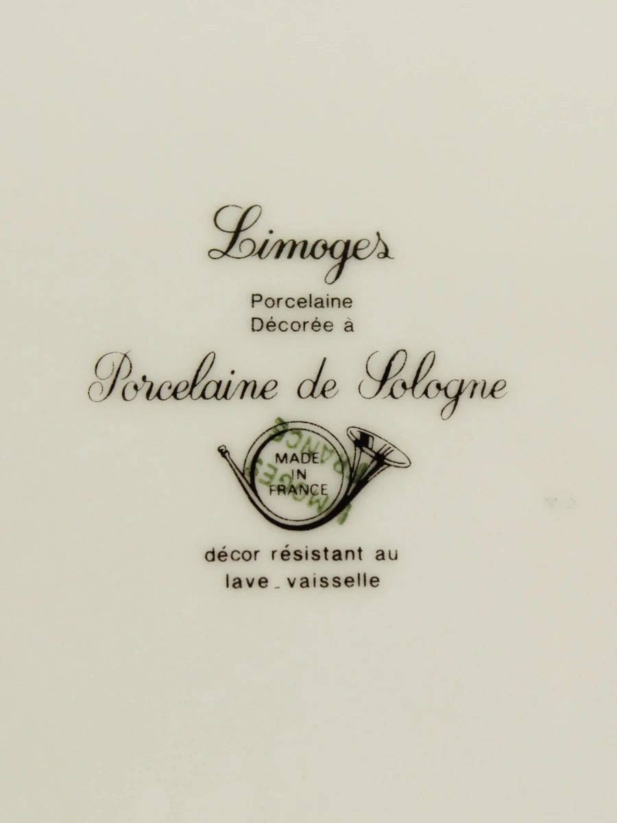 Set van 9 Limoges porseleinen borden met blauwe rand en goudkleurige afwerking