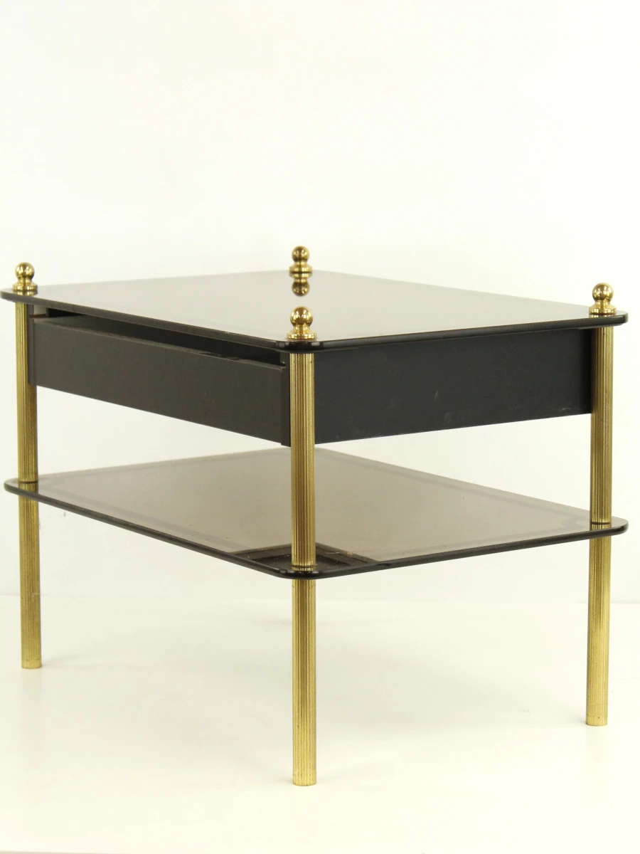 Zwart glazen salontafel met lade en messing poten