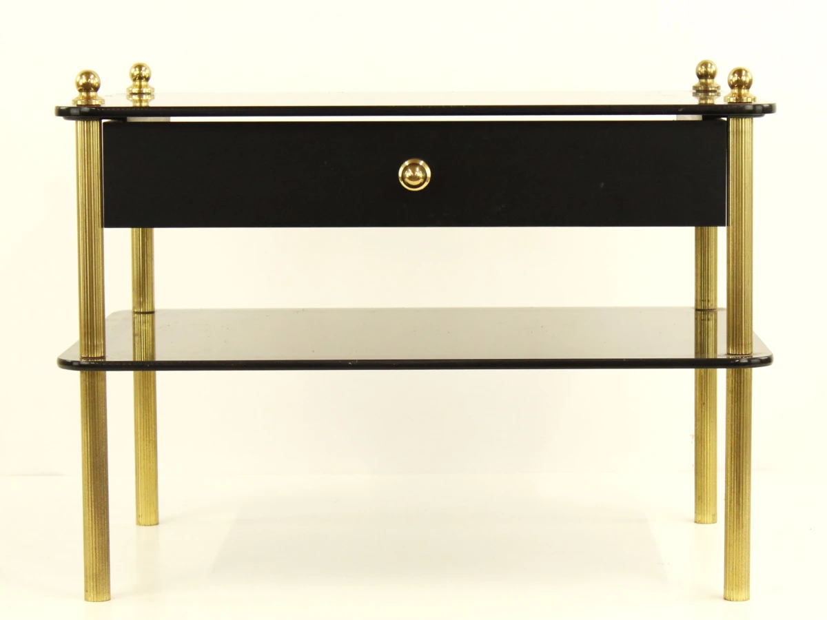 Zwart glazen salontafel met lade en messing poten