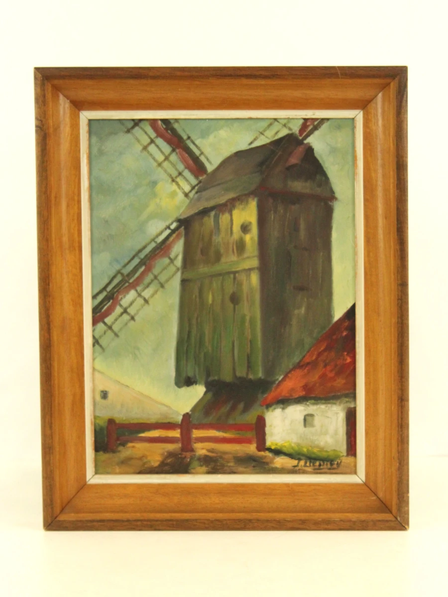 Plattelandsdorpje met molen Acryl op canvas gesigneerd J. De Mey