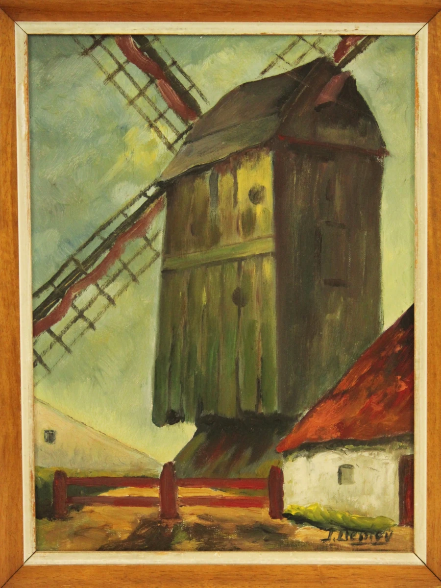 Plattelandsdorpje met molen Acryl op canvas gesigneerd J. De Mey