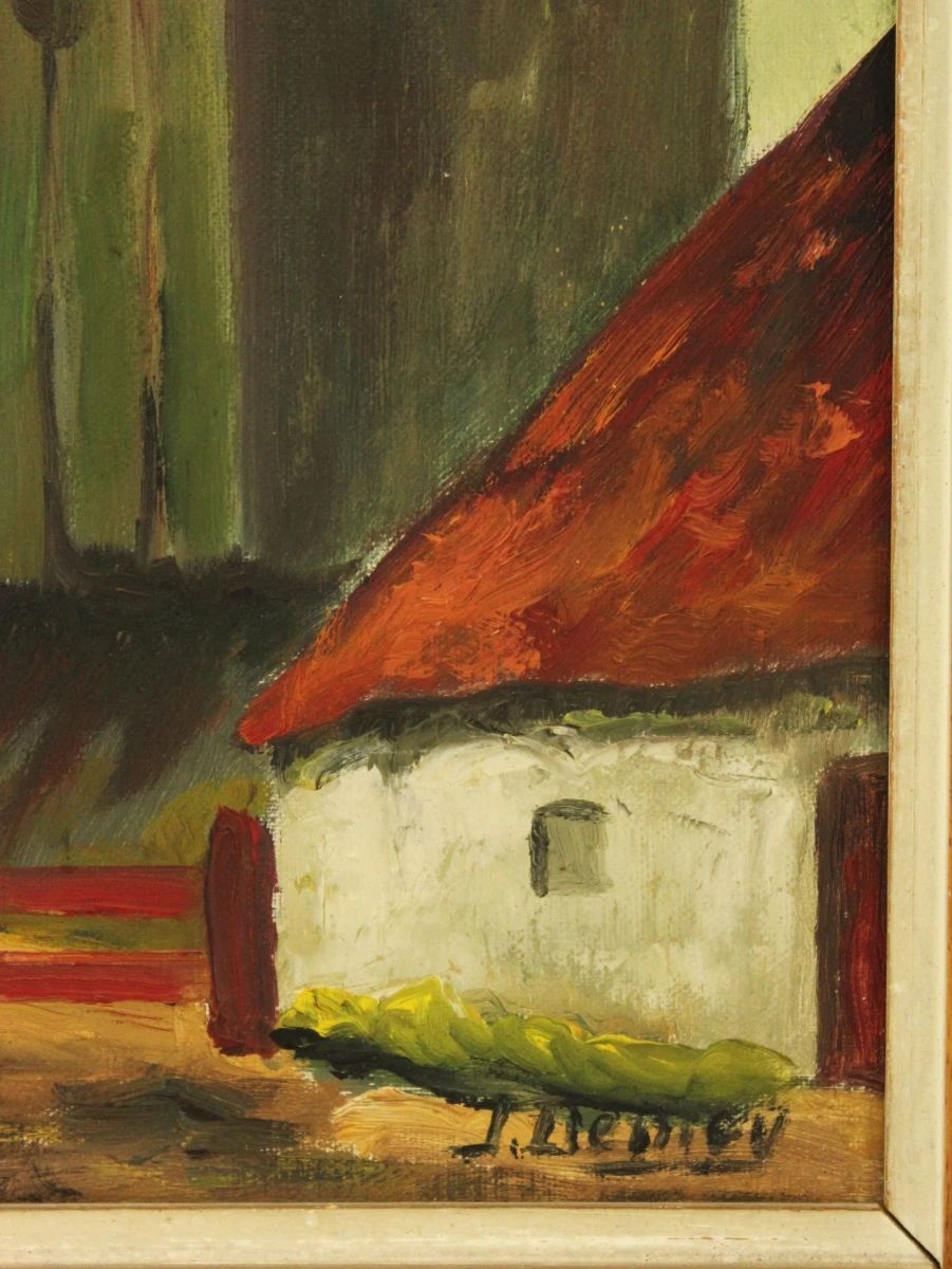 Plattelandsdorpje met molen Acryl op canvas gesigneerd J. De Mey