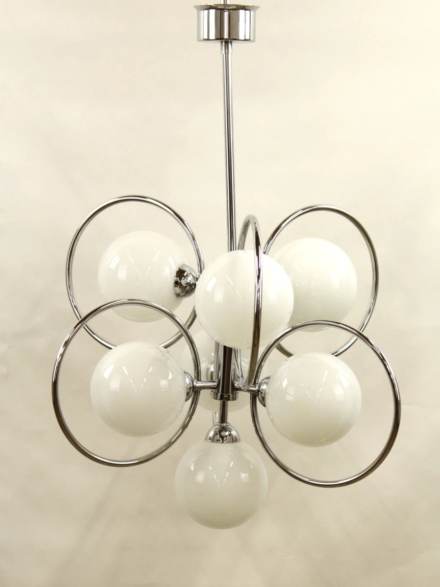 Moderne hanglamp met chromen ringen en witte bollen - foto 6