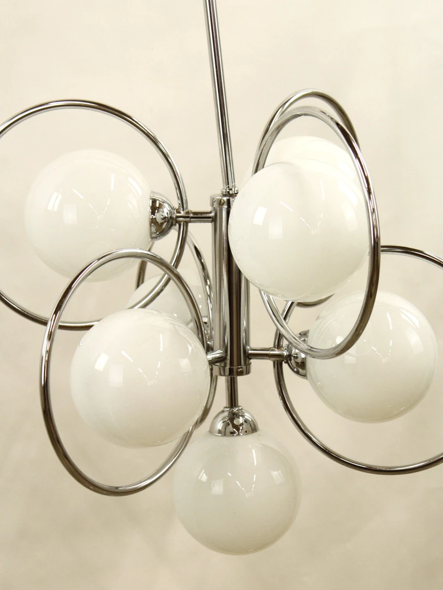 Moderne hanglamp met chromen ringen en witte bollen - foto 7