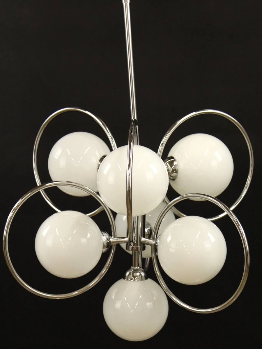Moderne hanglamp met chromen ringen en witte bollen - foto 8