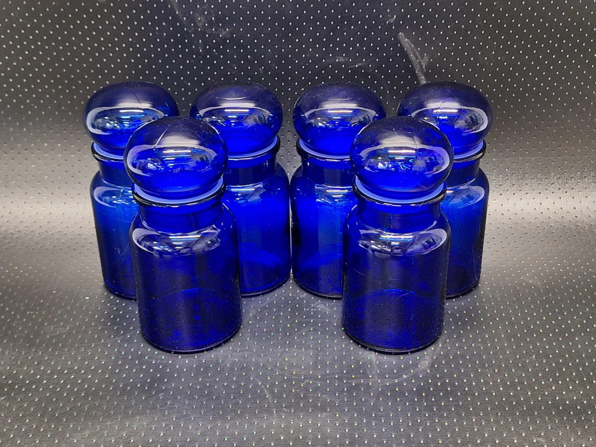 Set van 8 vintage Belgische kobaltblauwe glazen apothekerspotten - foto 4