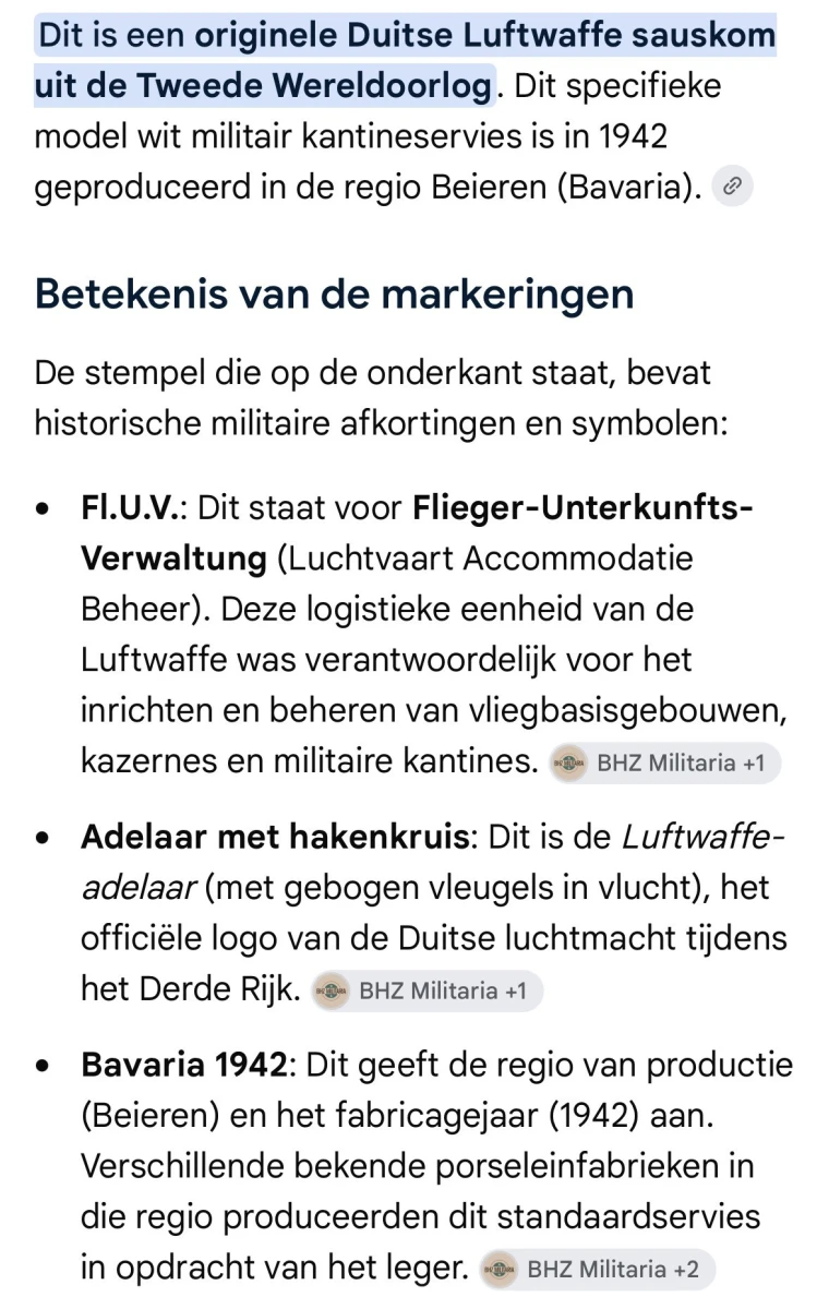Antieke sauskom met schotel, Bavaria 1942, militaire markering