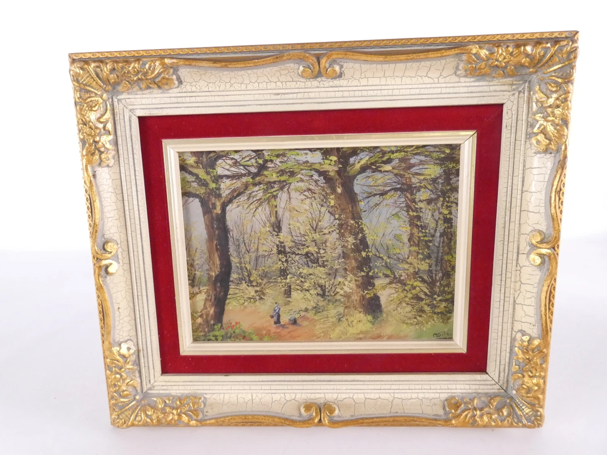 Set van 2 olieverfschilderijen met boslandschap in sierlijke lijsten