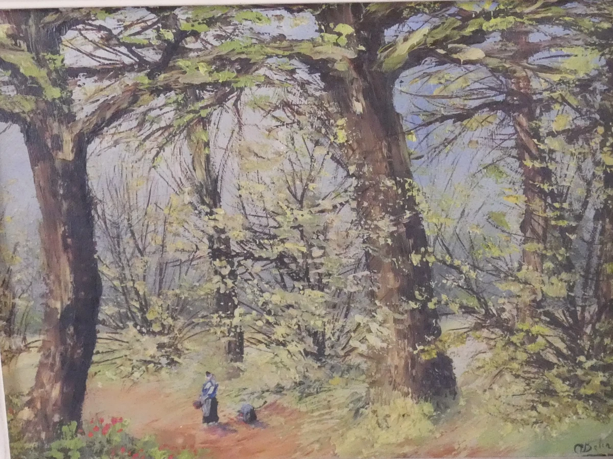 Set van 2 olieverfschilderijen met boslandschap in sierlijke lijsten