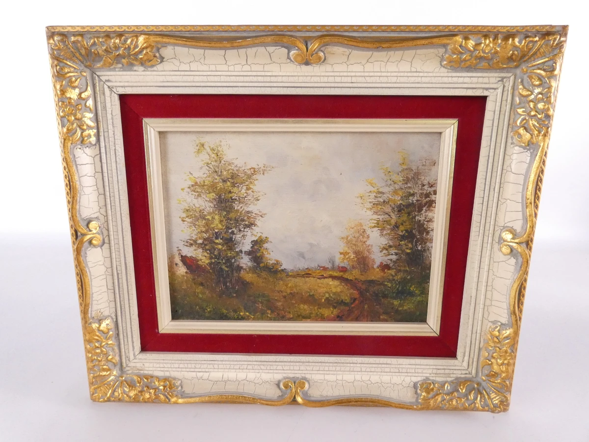 Set van 2 olieverfschilderijen met boslandschap in sierlijke lijsten