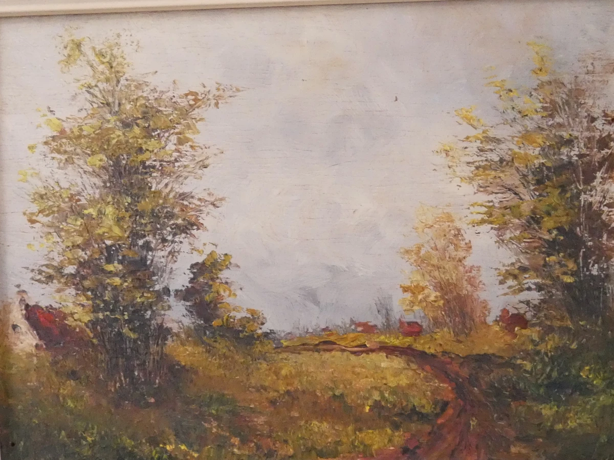 Set van 2 olieverfschilderijen met boslandschap in sierlijke lijsten