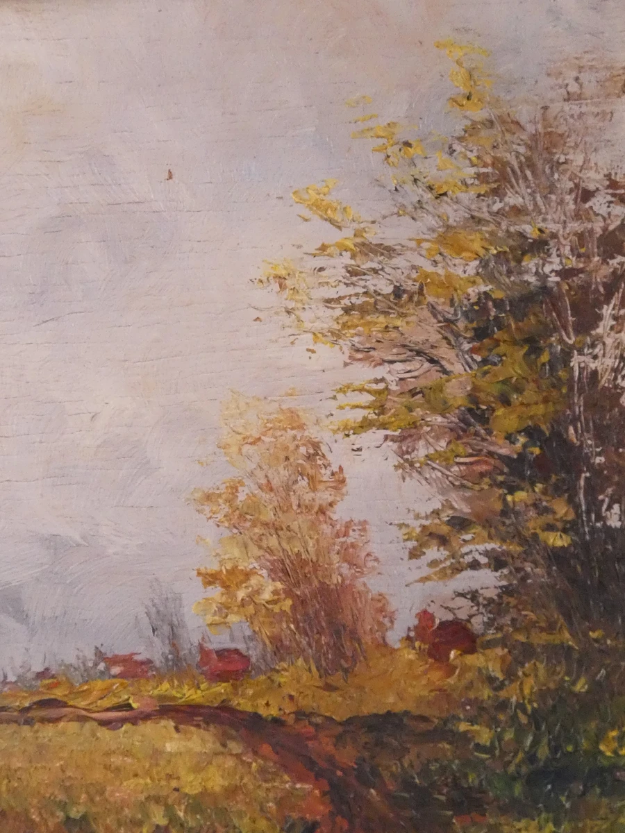 Set van 2 olieverfschilderijen met boslandschap in sierlijke lijsten