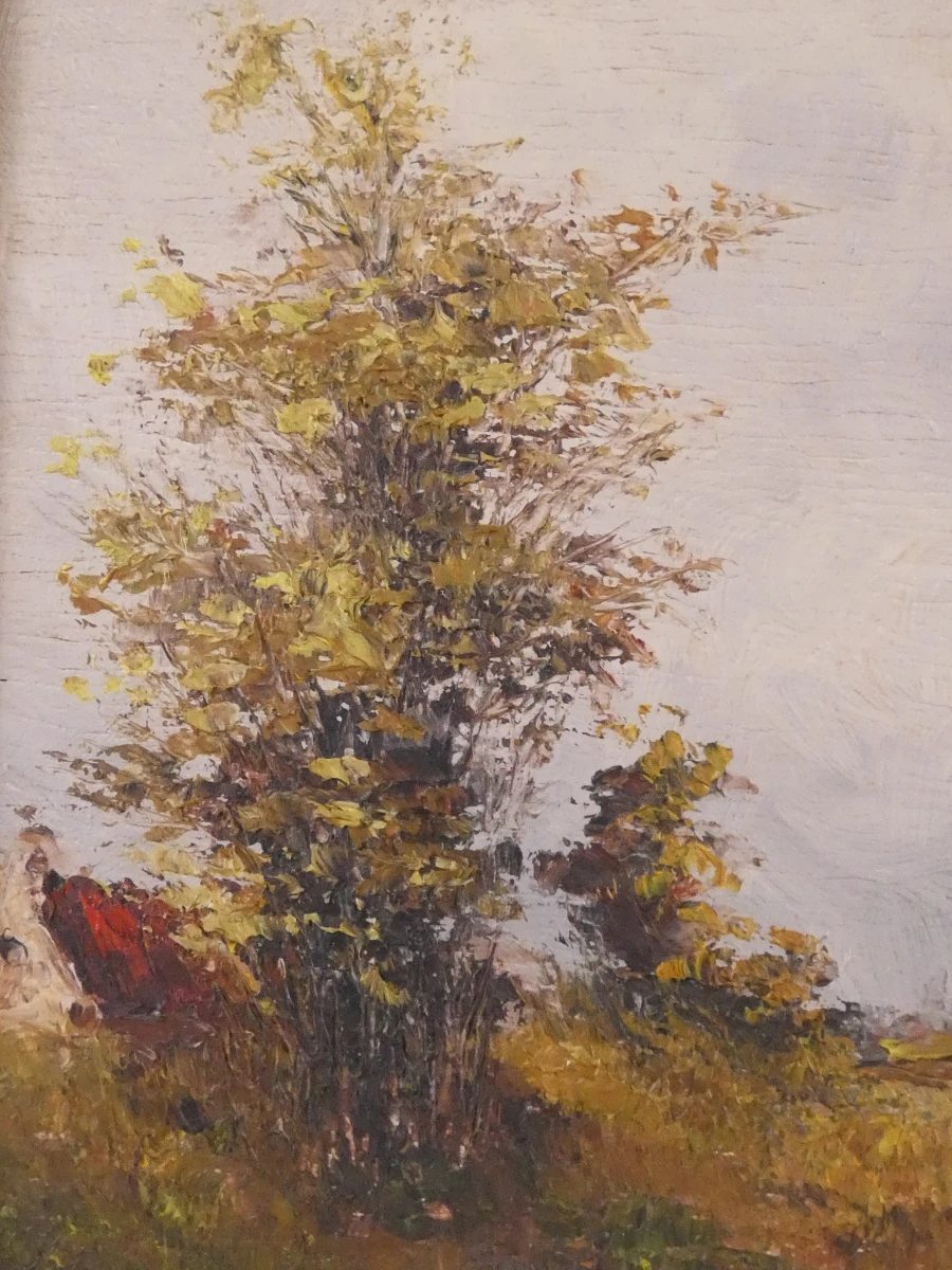 Set van 2 olieverfschilderijen met boslandschap in sierlijke lijsten
