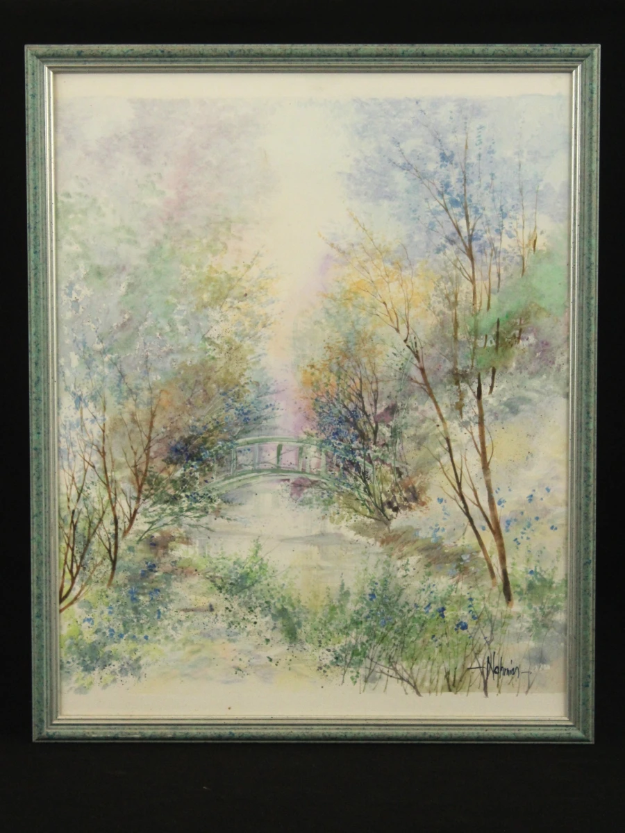 Aquarel van romantisch Frans landschap met brugje gesigneerd Nahmias Richard Nahmias (°1954)