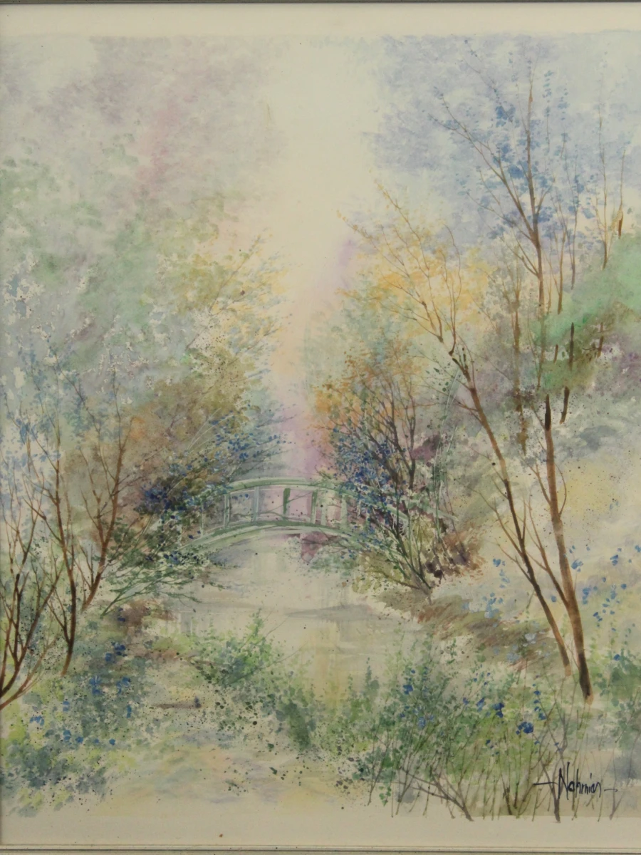 Aquarel van romantisch Frans landschap met brugje gesigneerd Nahmias Richard Nahmias (°1954)
