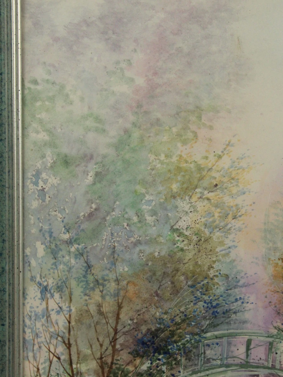 Aquarel van romantisch Frans landschap met brugje gesigneerd Nahmias Richard Nahmias (°1954)