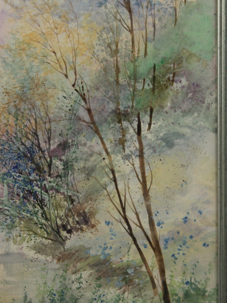 Aquarel van romantisch Frans landschap met brugje gesigneerd Nahmias Richard Nahmias (°1954)