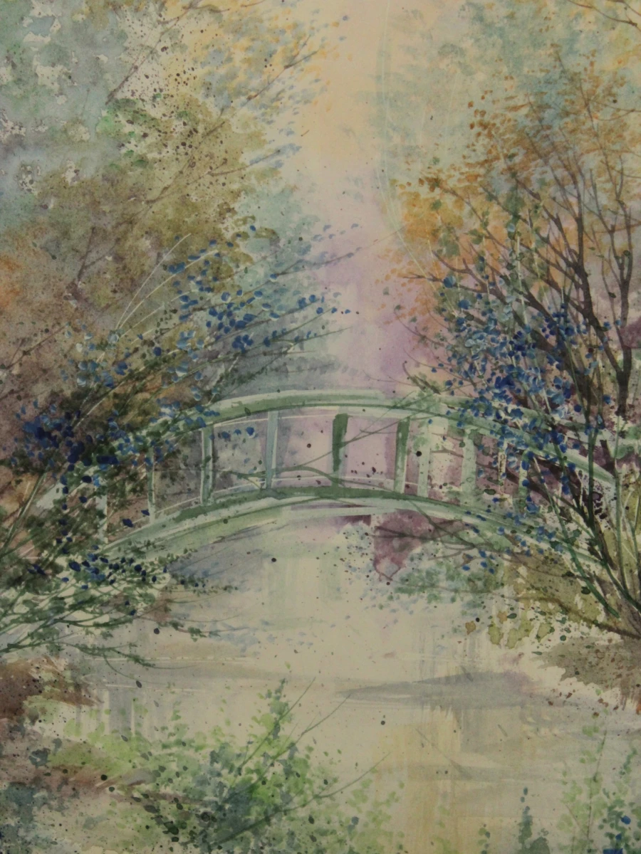 Aquarel van romantisch Frans landschap met brugje gesigneerd Nahmias Richard Nahmias (°1954)
