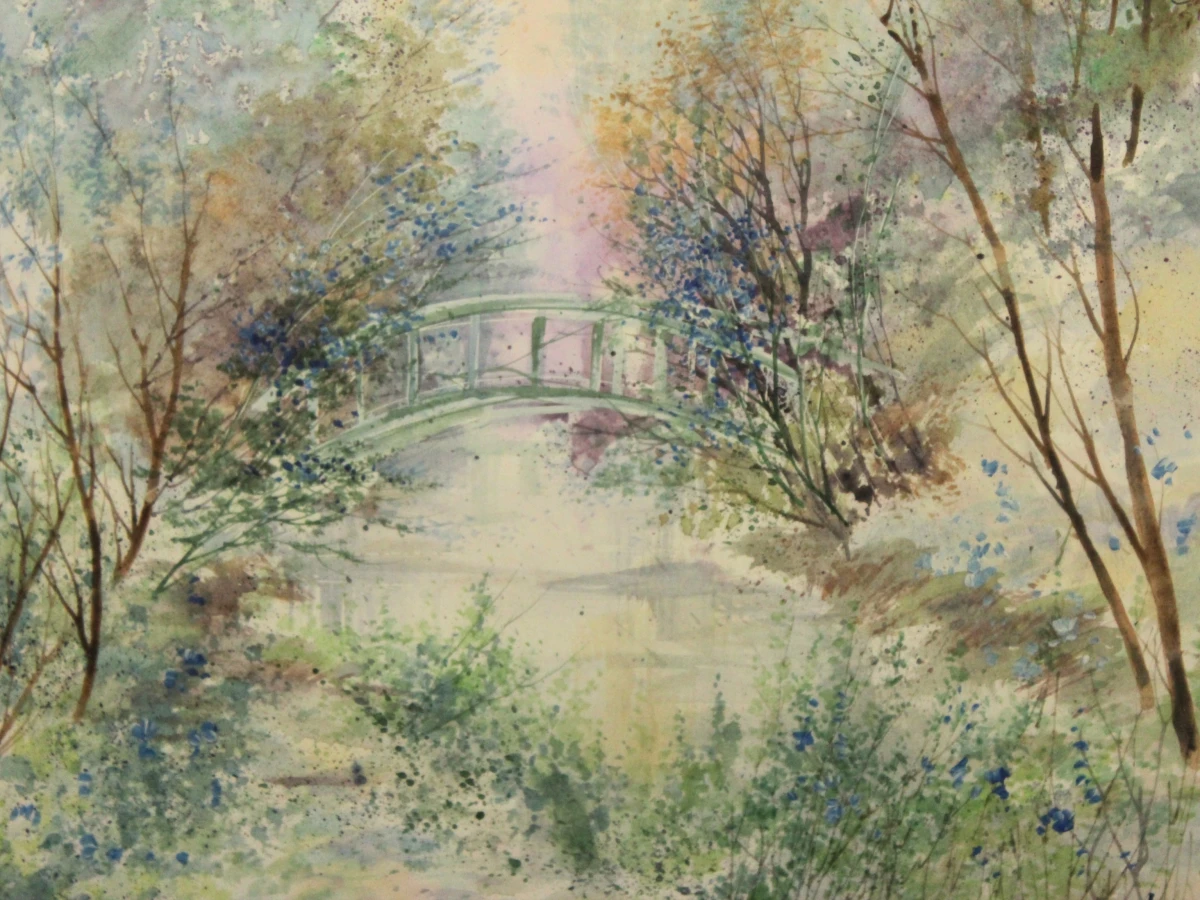 Aquarel van romantisch Frans landschap met brugje gesigneerd Nahmias Richard Nahmias (°1954)