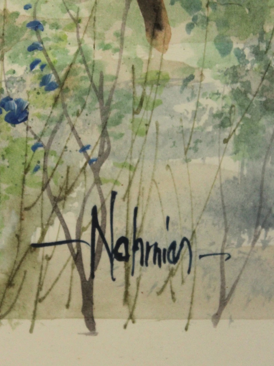 Aquarel van romantisch Frans landschap met brugje gesigneerd Nahmias Richard Nahmias (°1954)