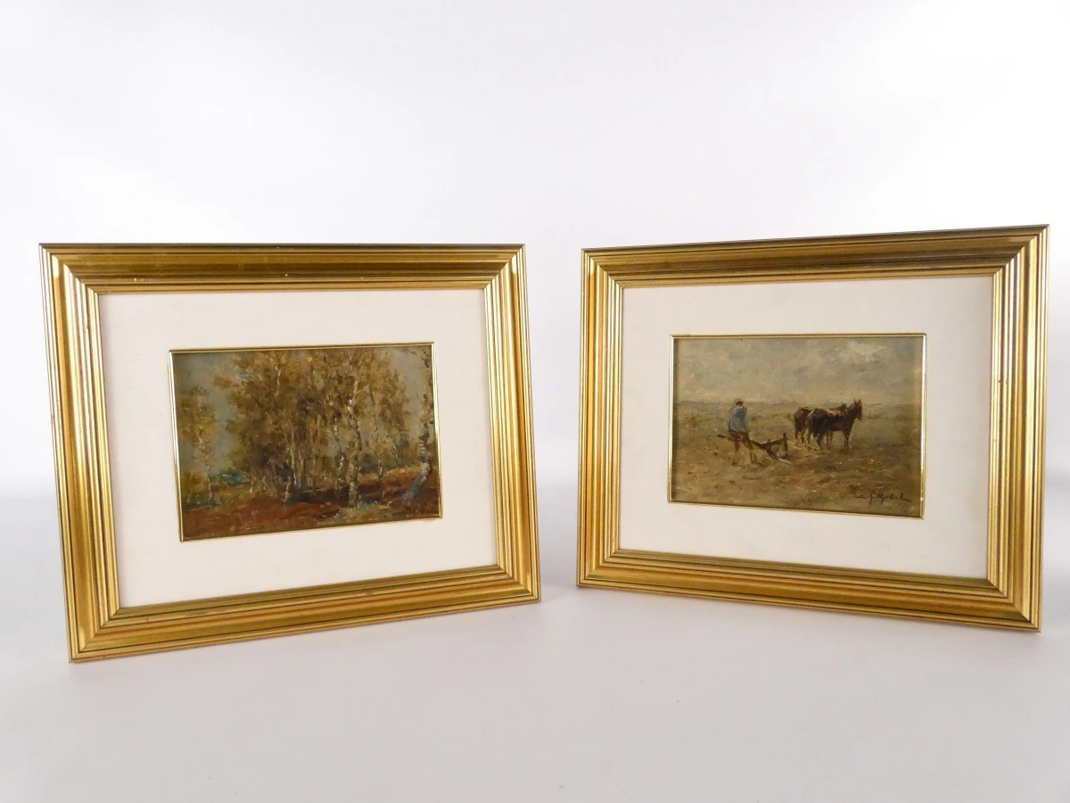 Set van 2 ingelijste olieverfschilderijen met landschappen