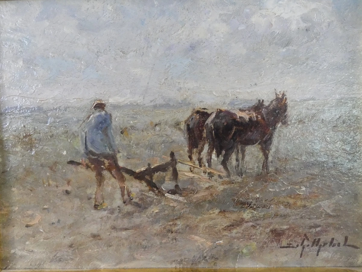 Set van 2 ingelijste olieverfschilderijen met landschappen