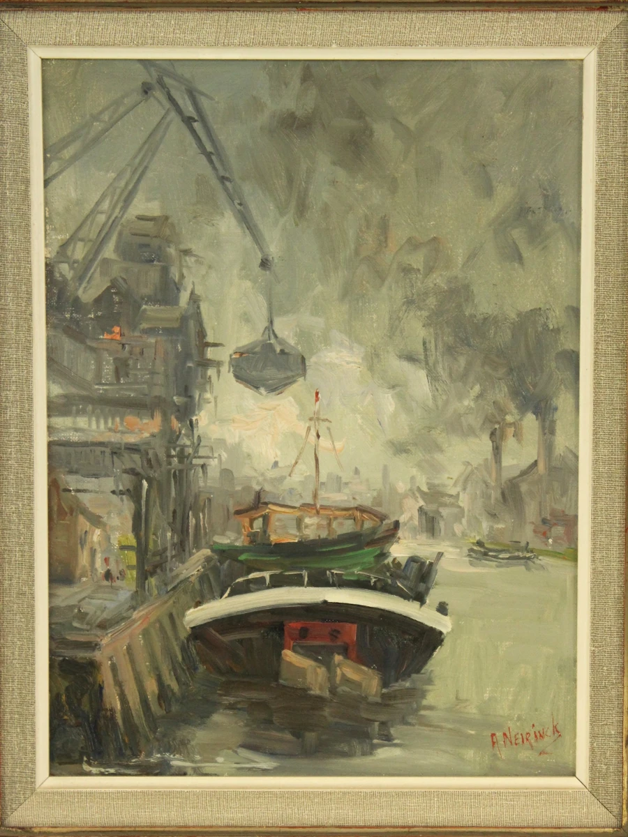 Havenscene in acryl op canvas Albert Neirinck (Neyrinck 1921-2010)