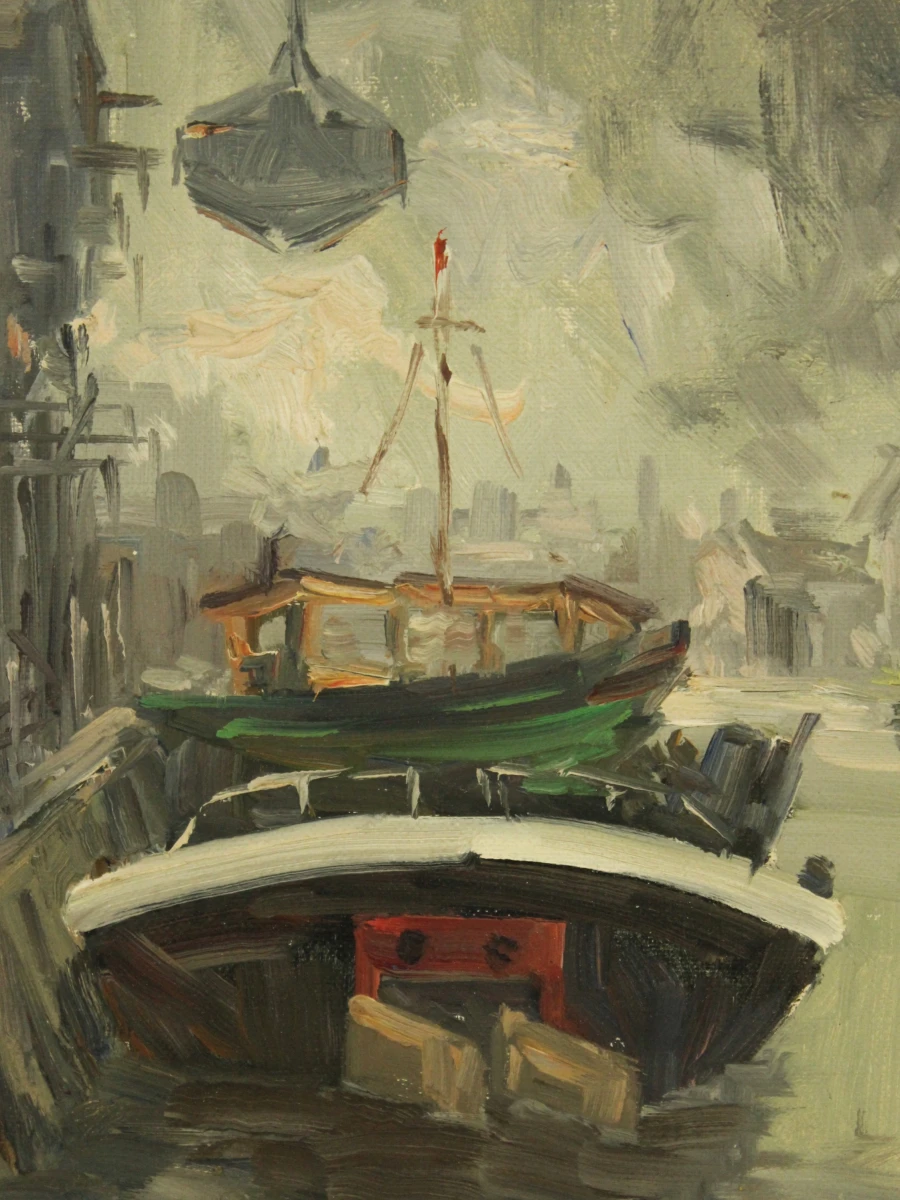 Havenscene in acryl op canvas Albert Neirinck (Neyrinck 1921-2010)