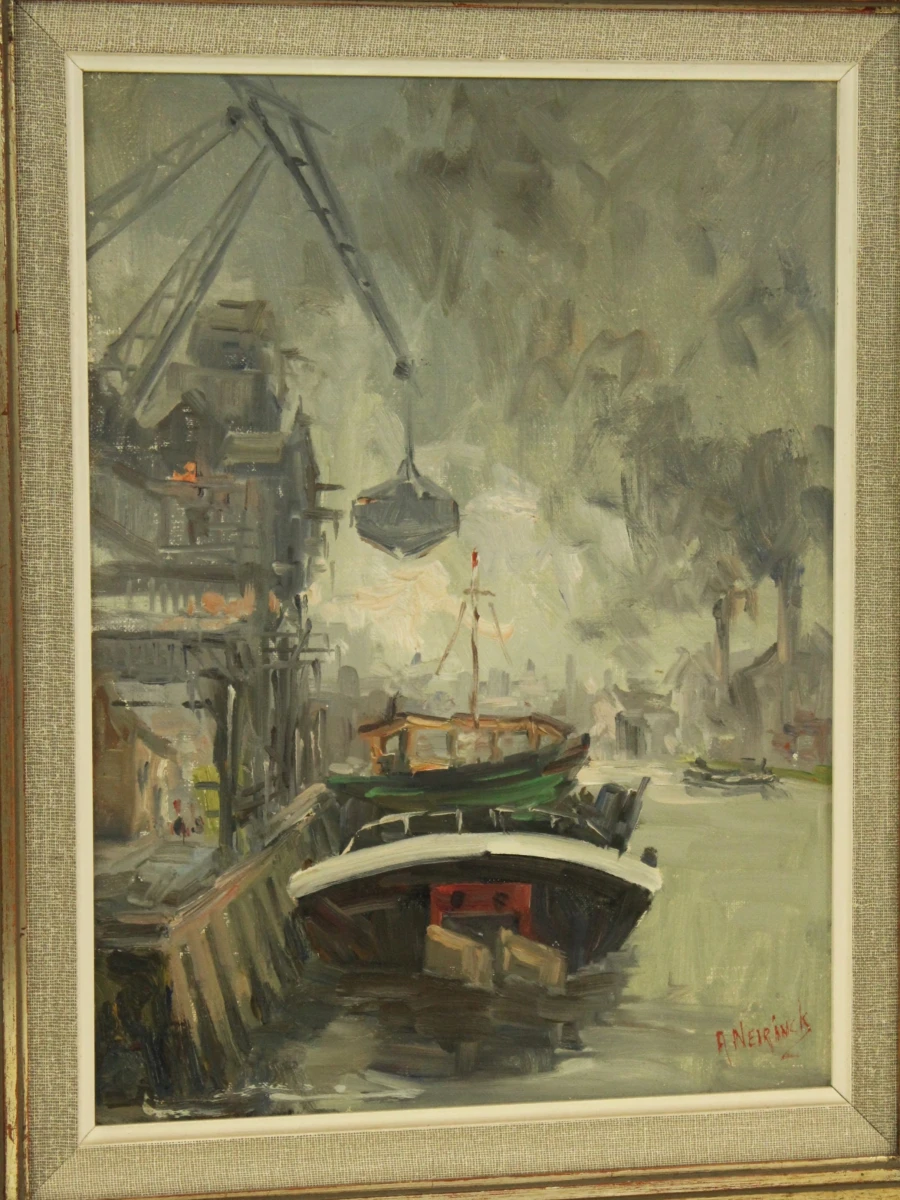 Havenscene in acryl op canvas Albert Neirinck (Neyrinck 1921-2010)