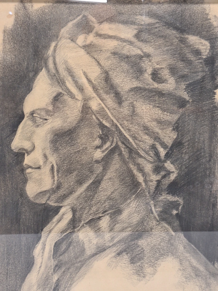 Academische portretstudie - man met tulband in profiel - houtskool/grafiet - foto 6