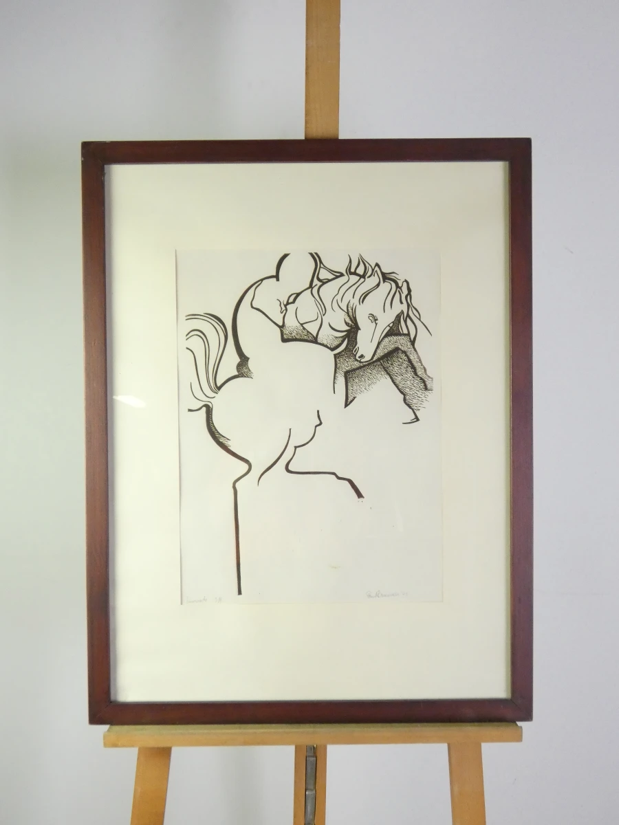 Linosnede van paard en ruiter, gesigneerd Paul Brouwers 1973
