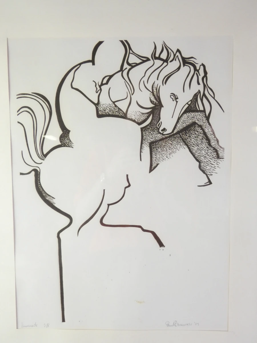 Linosnede van paard en ruiter, gesigneerd Paul Brouwers 1973